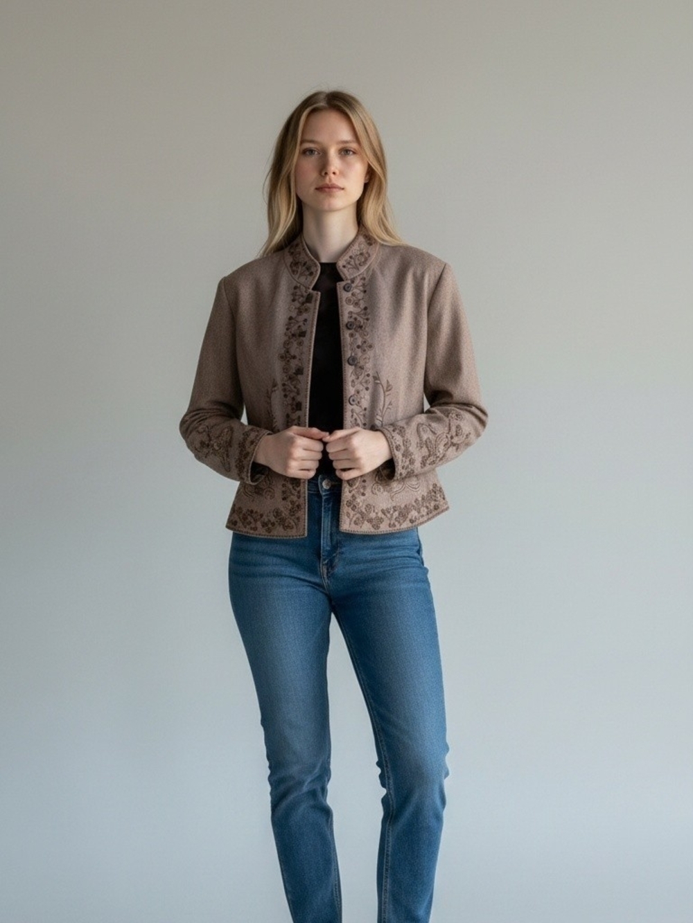 Peter Nygard Taupe Embroidered Collar Jacket